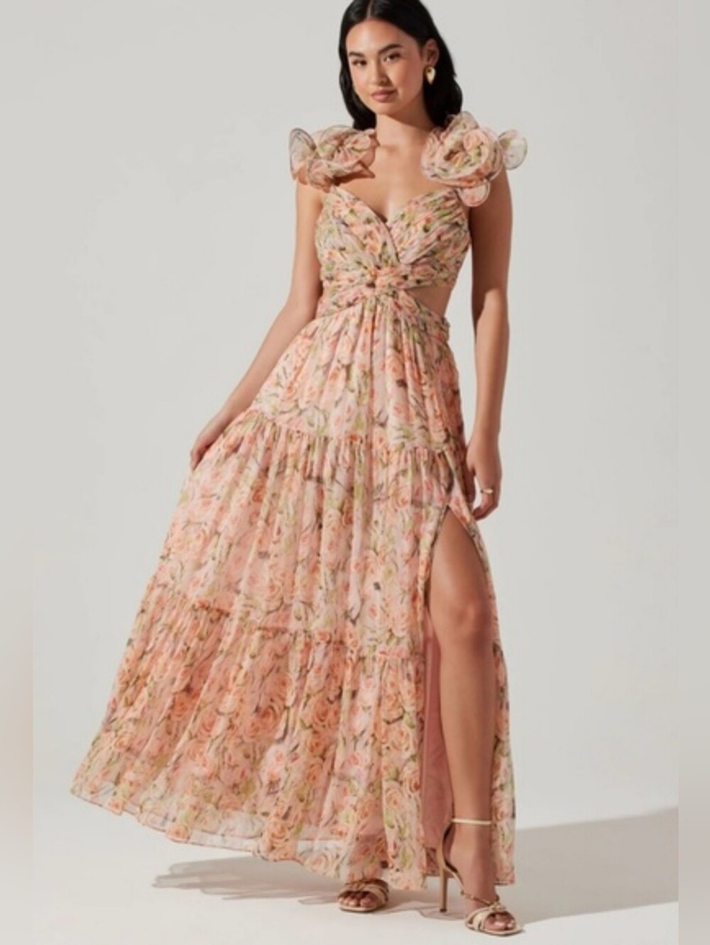 Astr Pink Floral Ruffle-Shoulder Maxi Dress